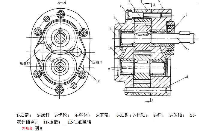 外齧合齒輪泵結構如圖5所示.拆開齒輪泵可檢查泵的下列方面